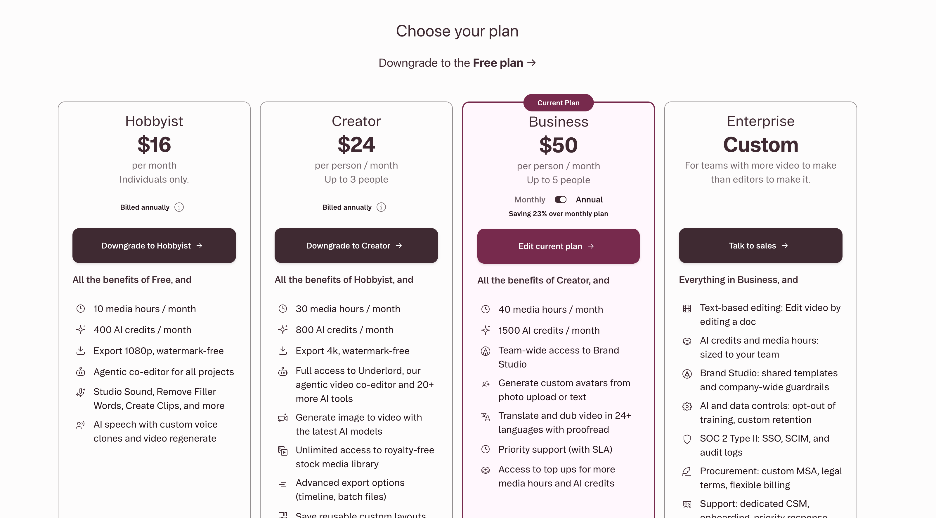 the Descript plans and pricing page, shown during the downgrade process