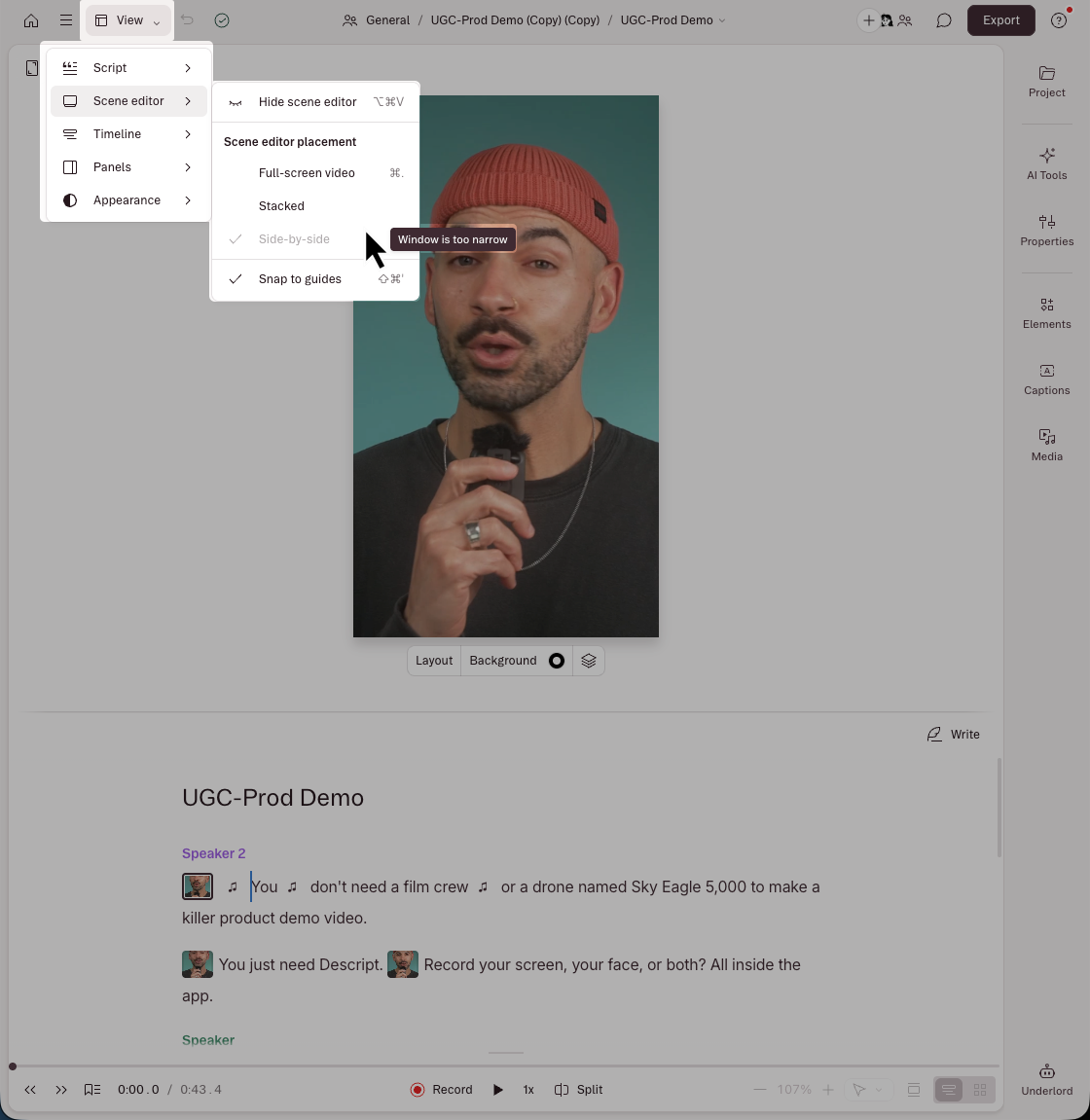 View menu open to Scene editor placement, with Side-by-side grayed out and a 'Window is too narrow' tooltip