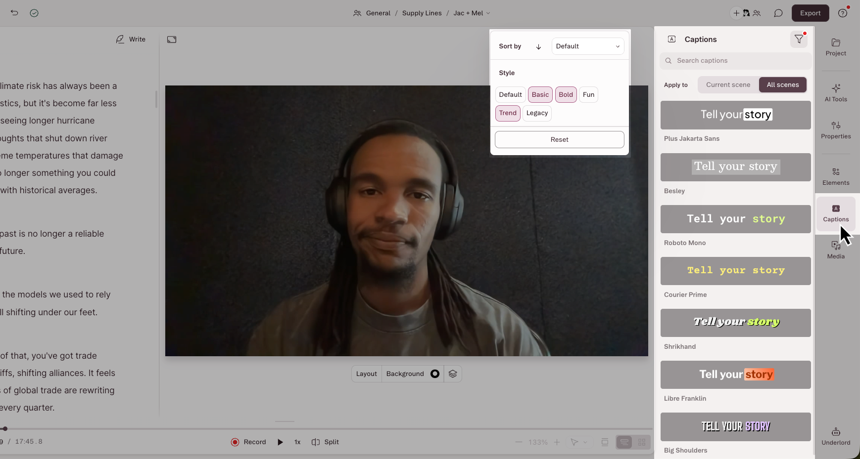 Captions panel showing available presets, filter, and sort options