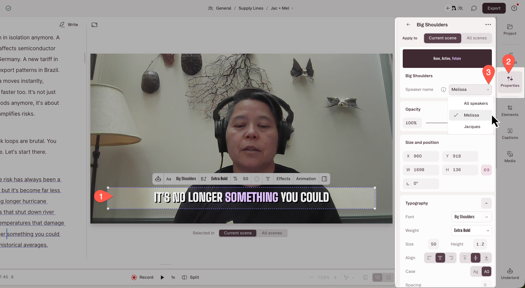 Speaker dropdown for a captions layer in the Properties panel