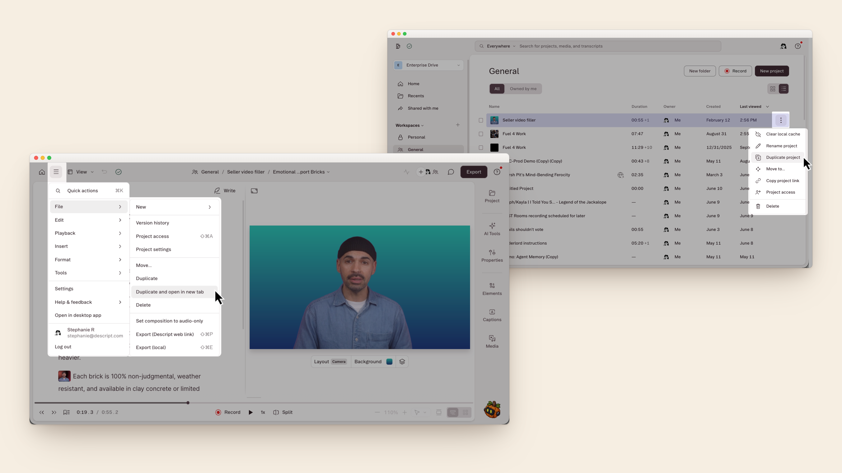 Access duplicate from within a project via the "hamburger menu > file > duplicate/duplicate and open in new tab" path