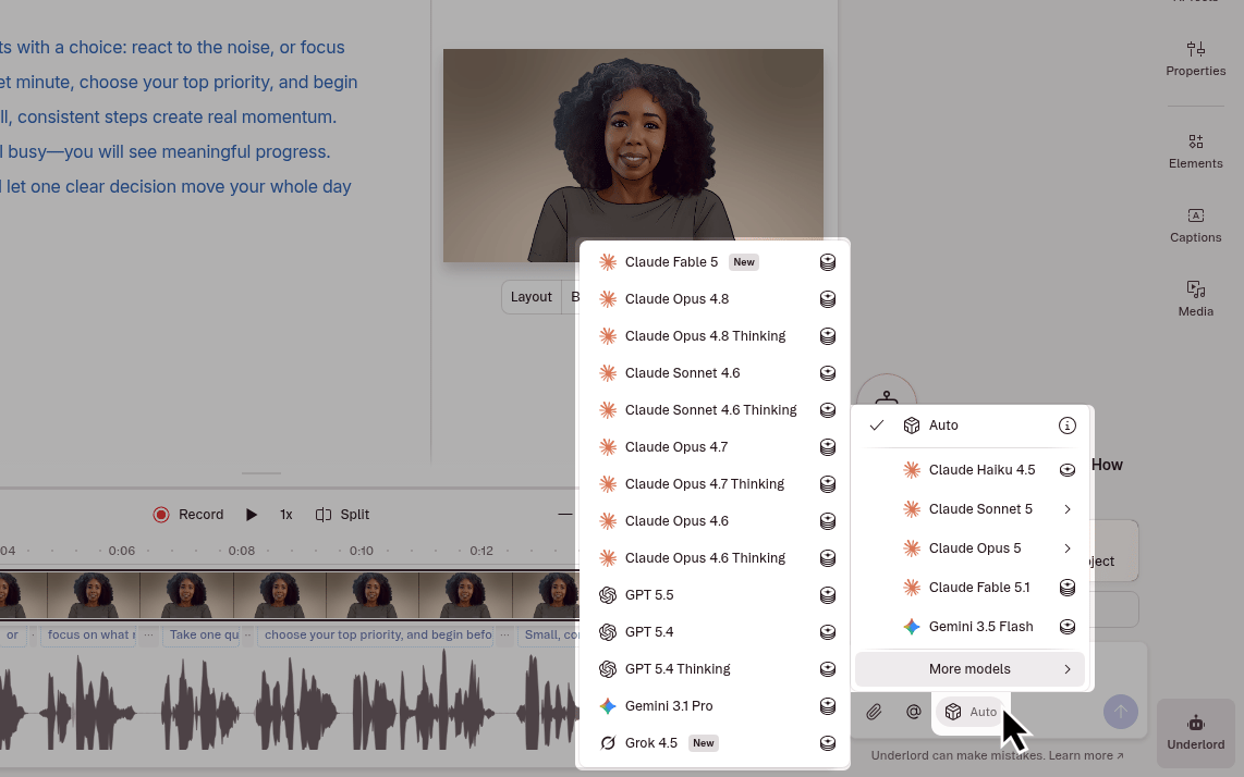 Model picker interface in Descript showing available AI model options