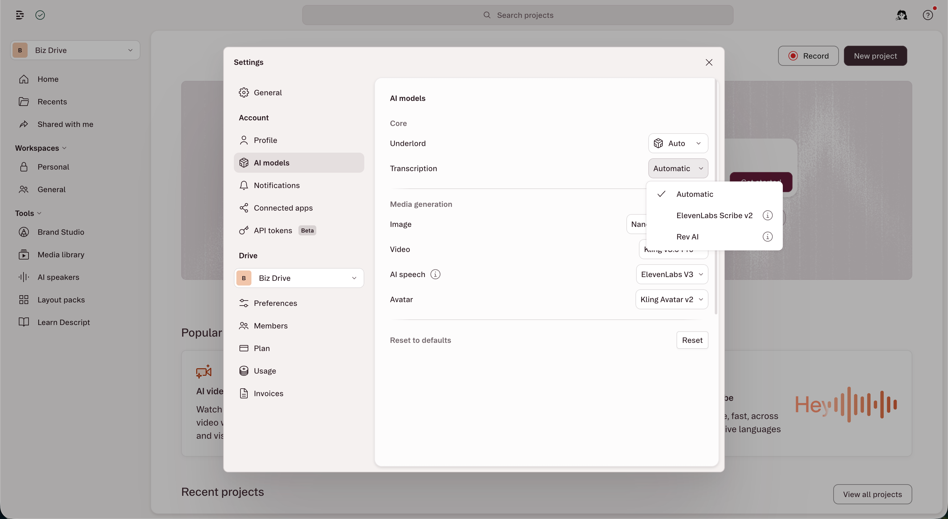 Transcription model and language settings in Descript