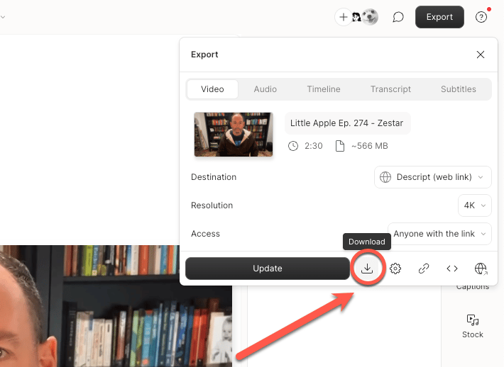 Download button in export menu