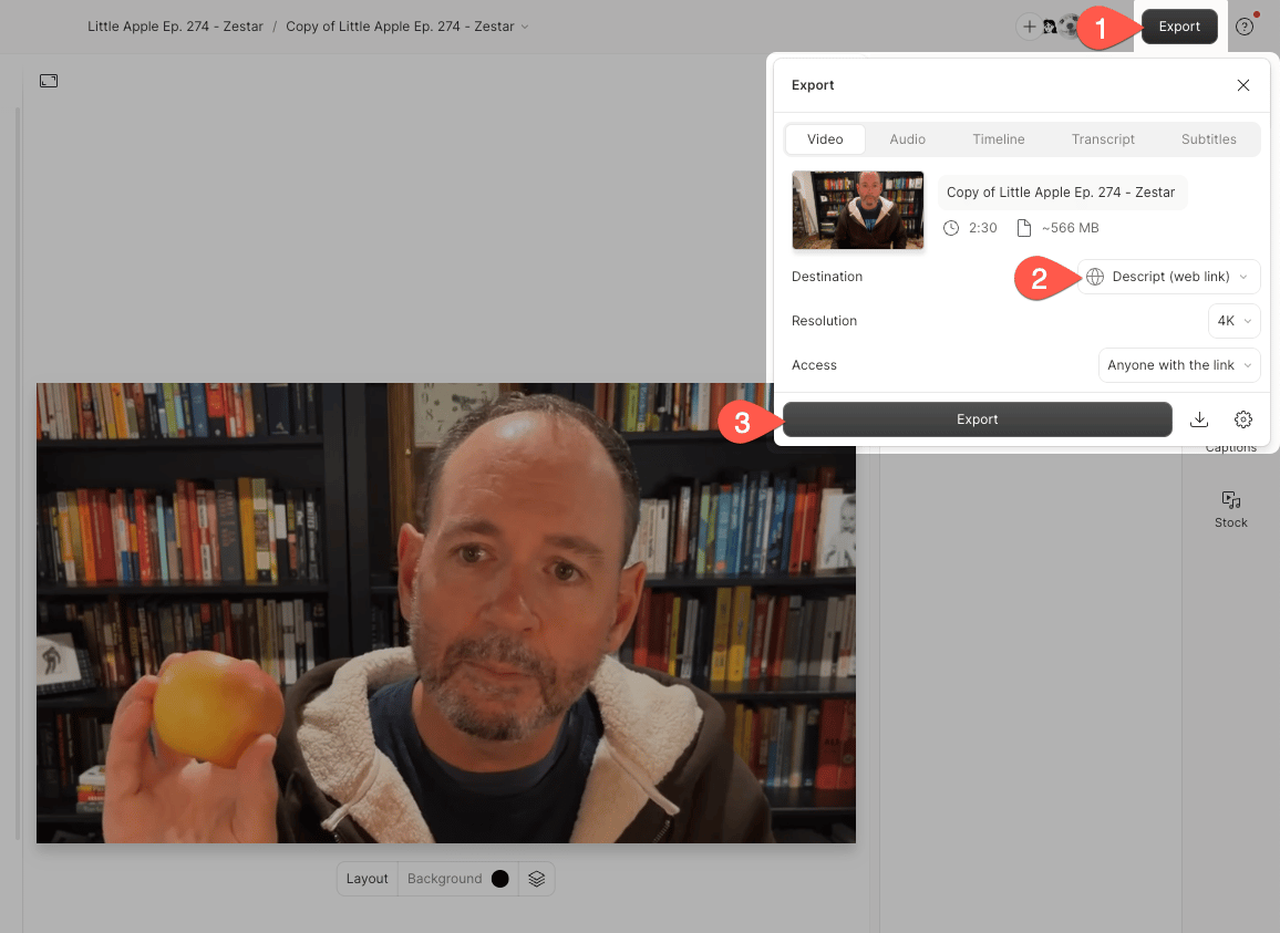 Export window with web link selected