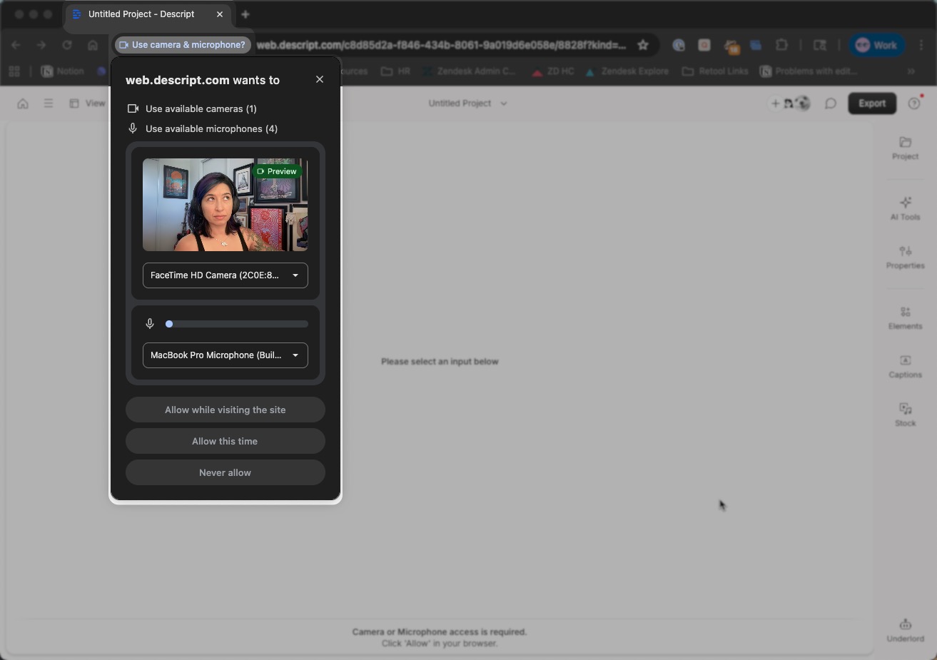 Browser prompt requesting camera and microphone permissions for Descript for Web
