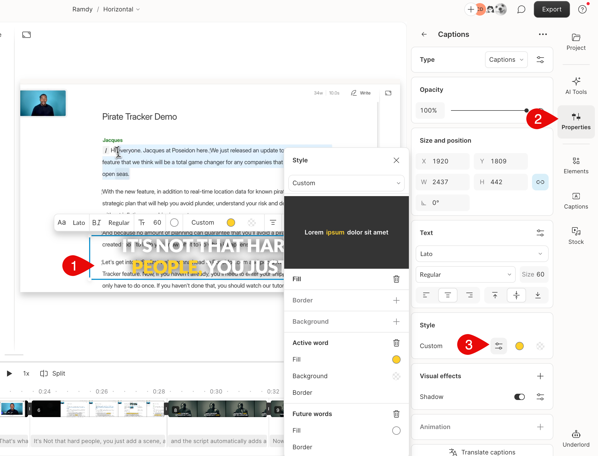How to change captions style in Descript Editor