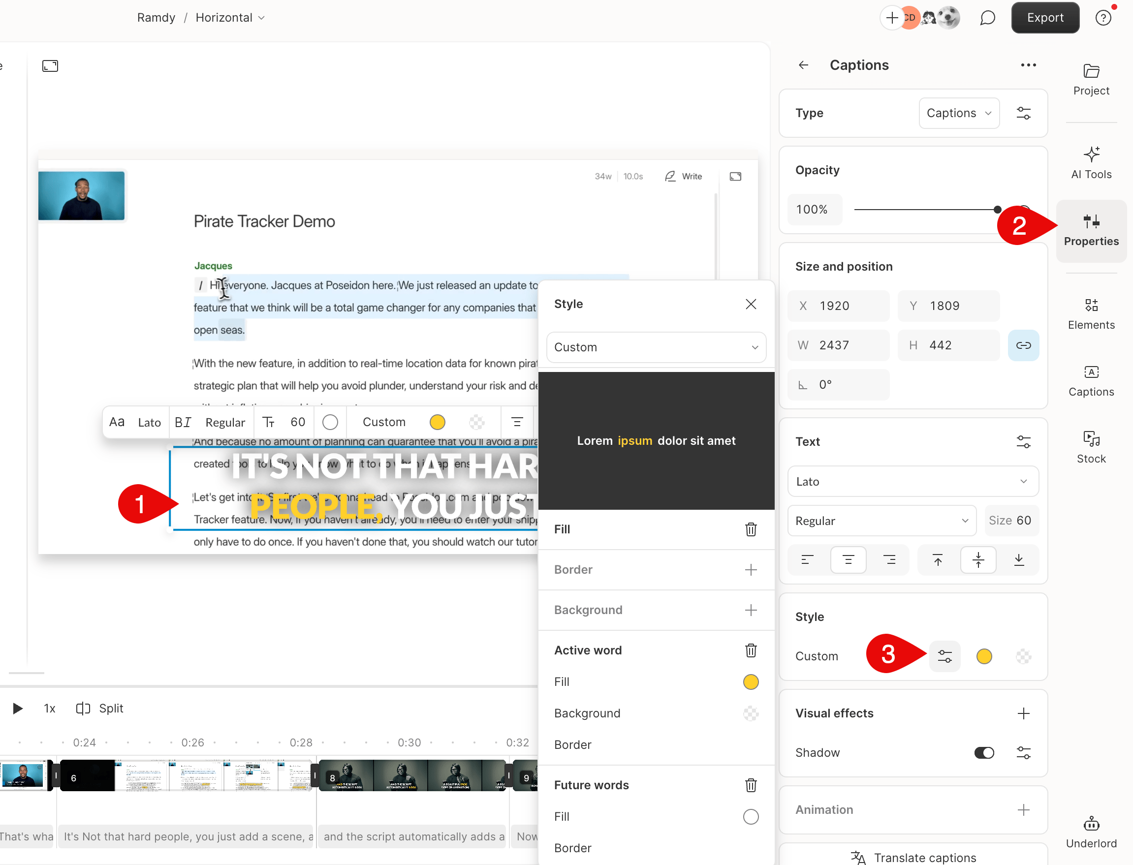 How to change captions style in Descript Editor