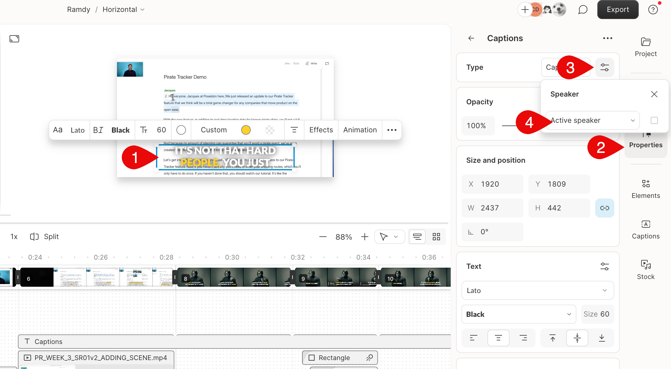 How to change Speaker for captions in Descript Editor