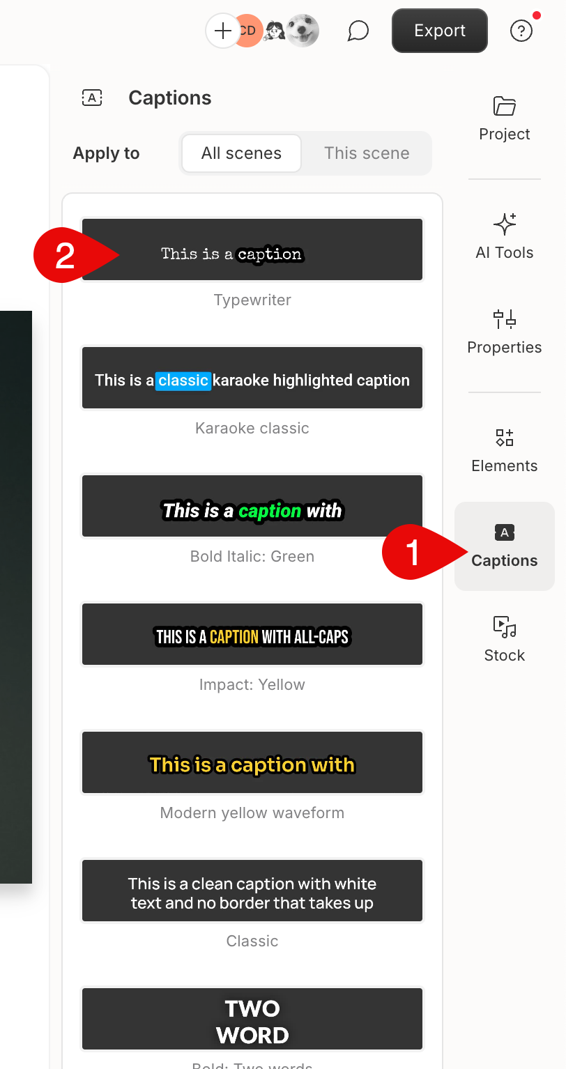 How to select CCaptions in Descript Editor
