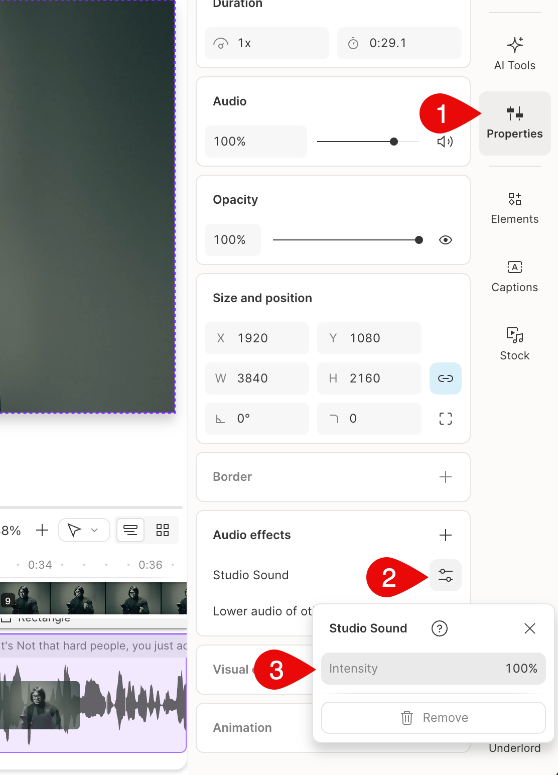 Adjust Studio Sound intensity in Descript Editor