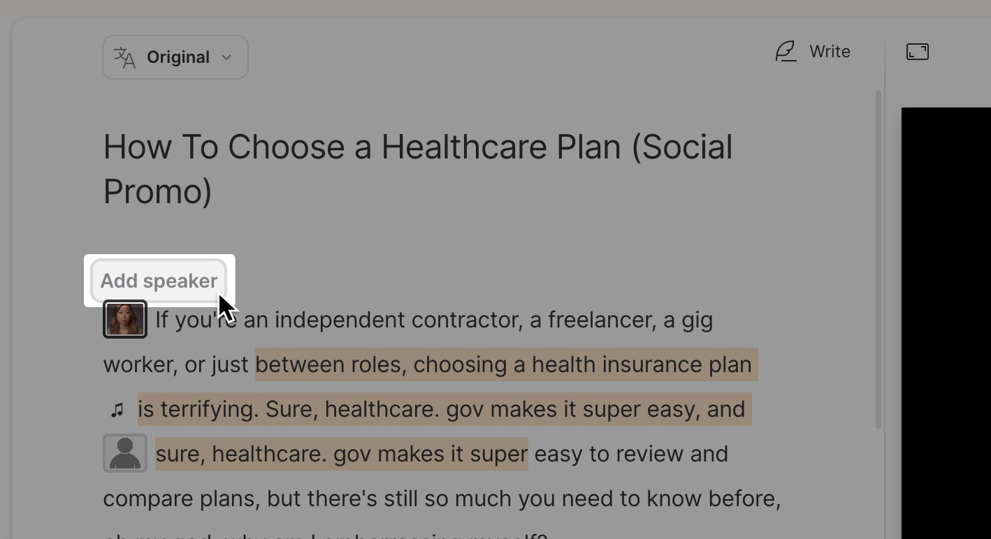 Add speaker button in the Descript script panel