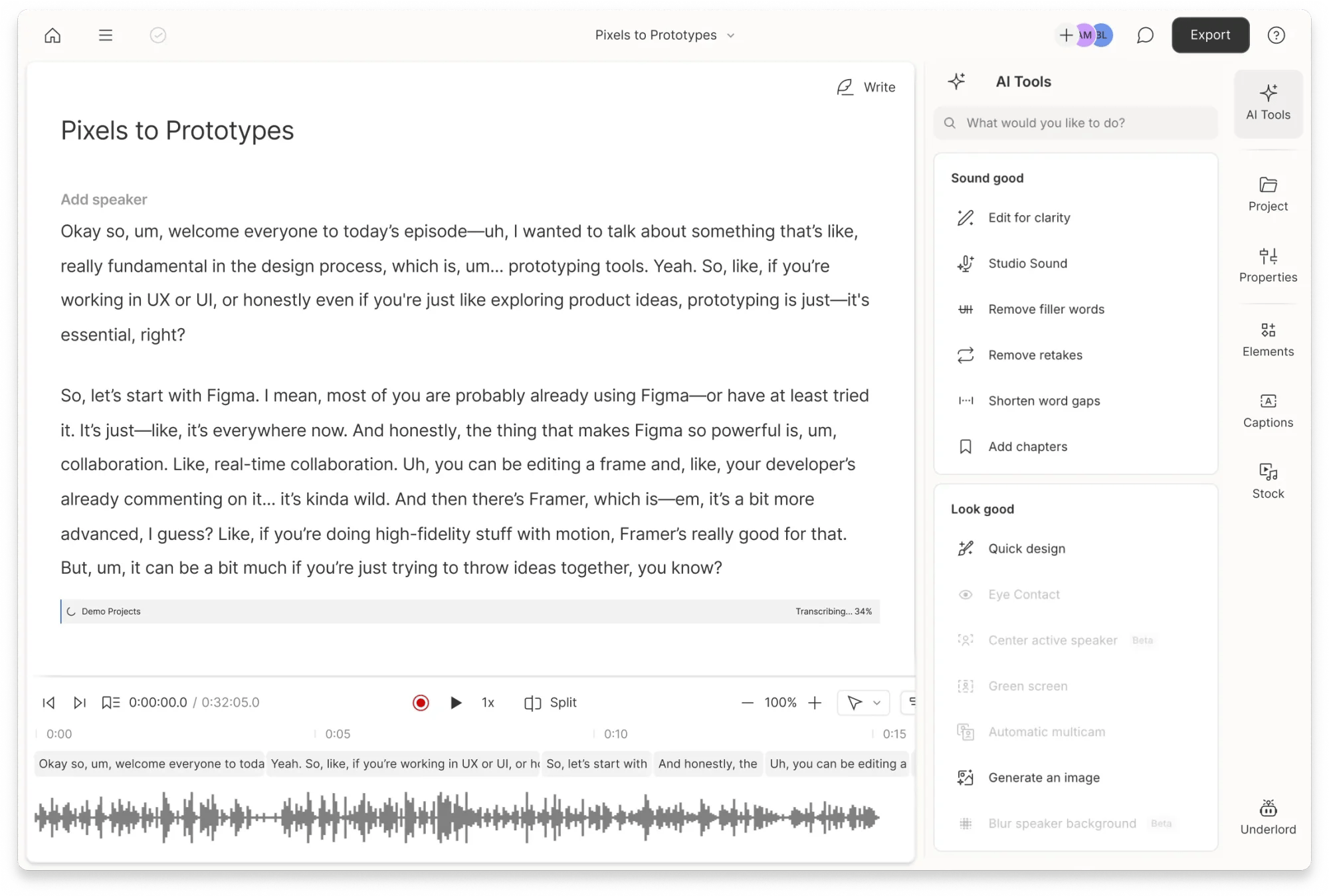 Automatic transcription in Descript