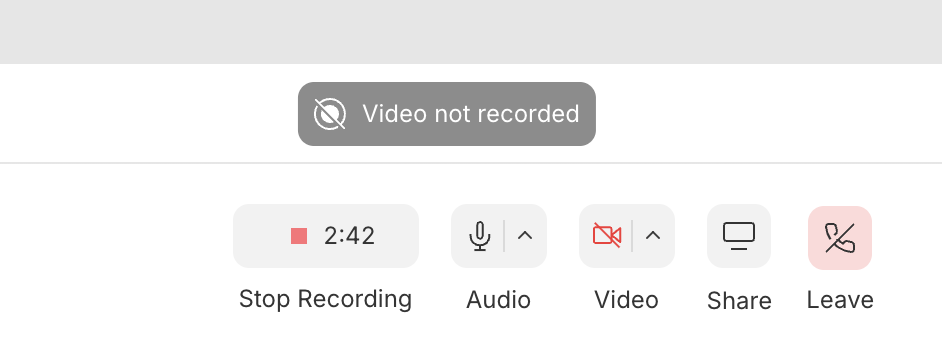 Status message in Descript Rooms confirming video is not being recorded (audio-only session)