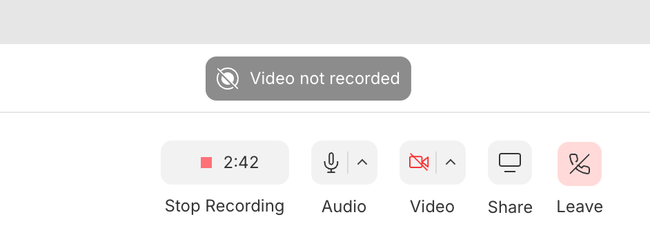 Status message in Descript Rooms confirming video is not being recorded (audio-only session)