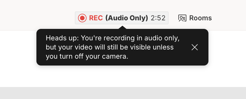 Notification banner in Descript Rooms showing an audio-only recording