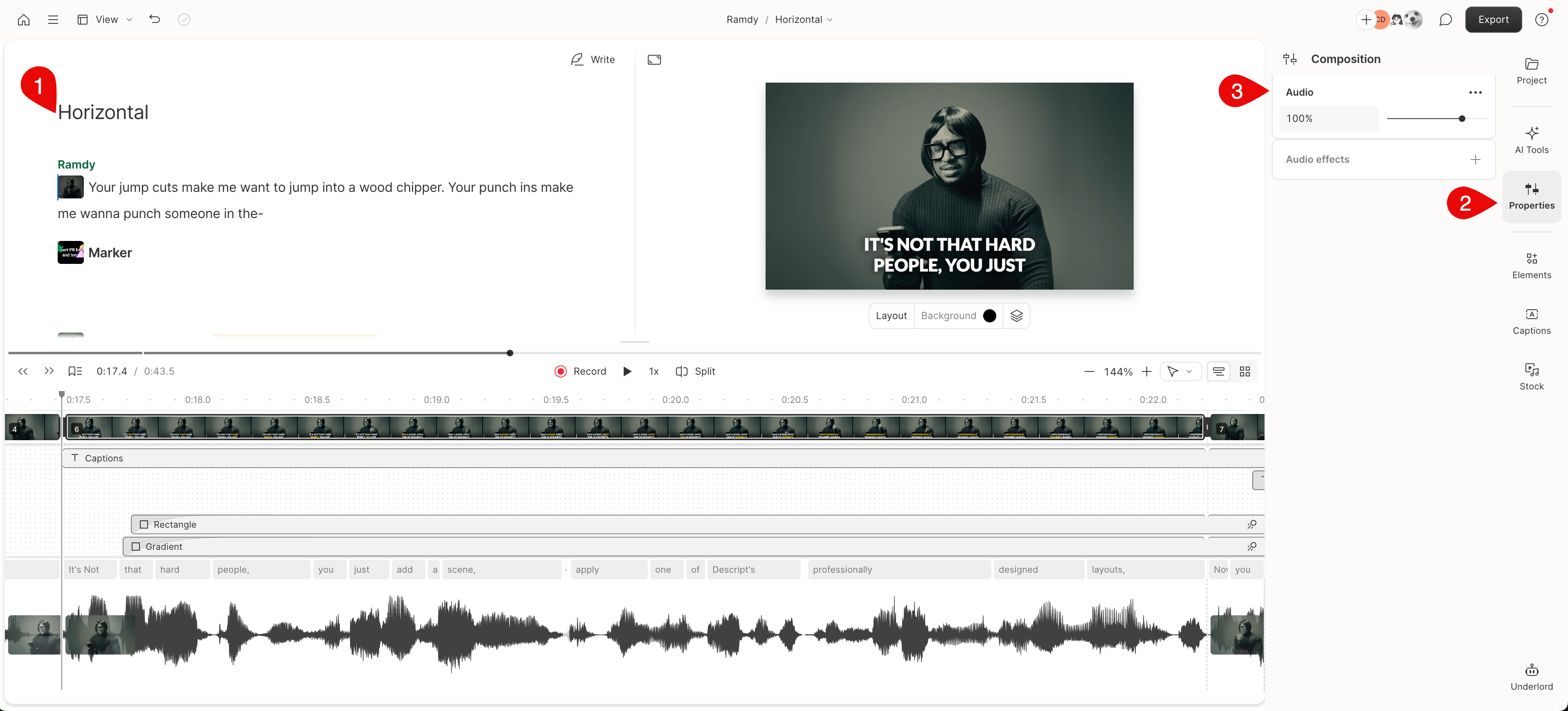How to access Audio Properties in Descript Editor
