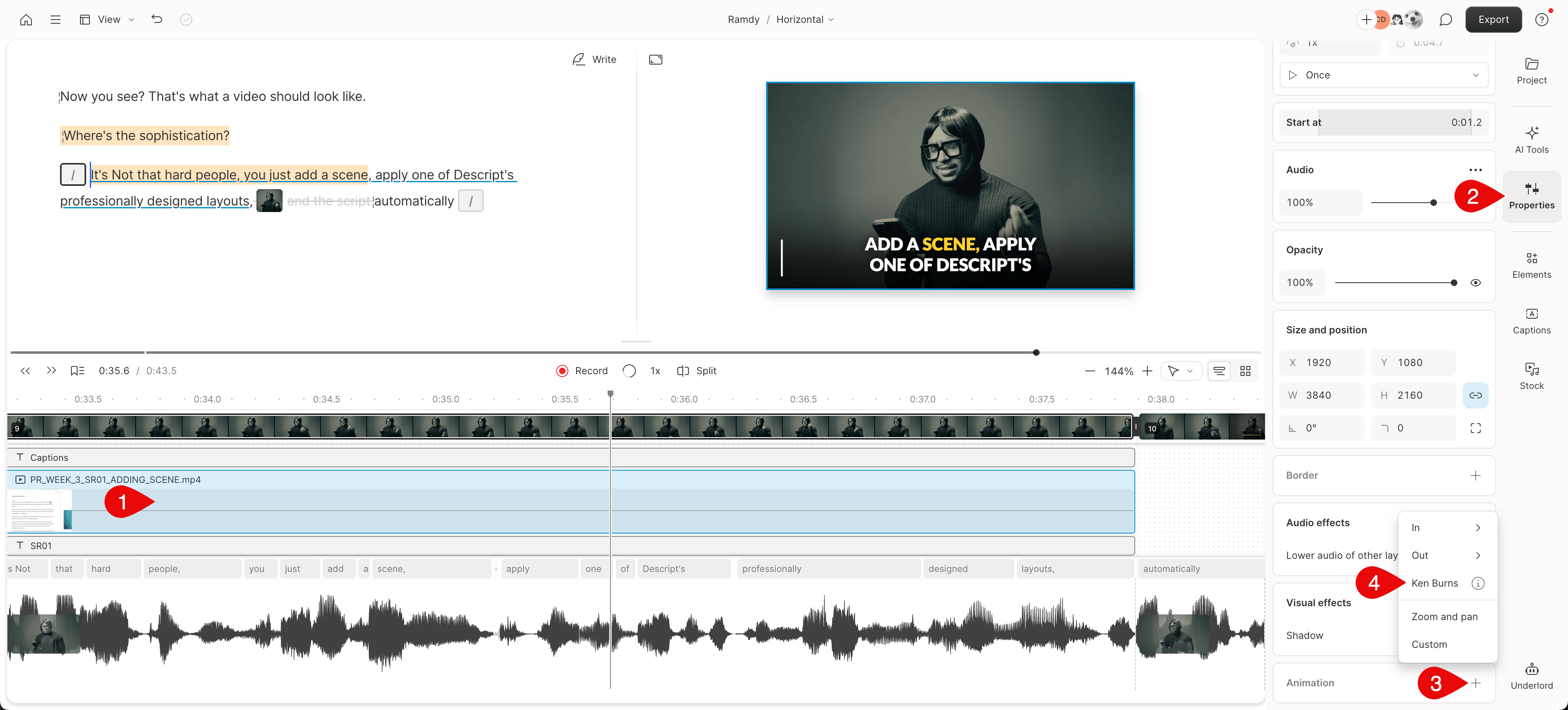 How to apply Ken Burns animations in Descript Editor