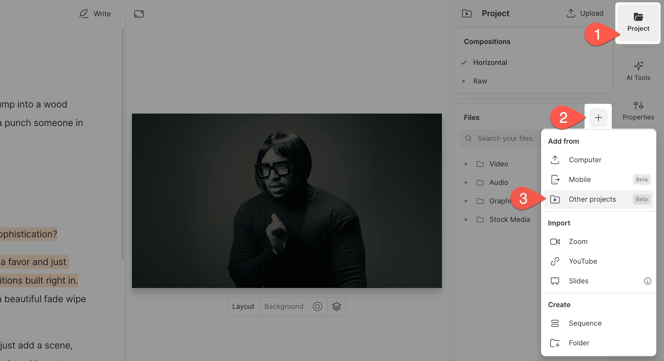 Project panel with an option to add a file from another project