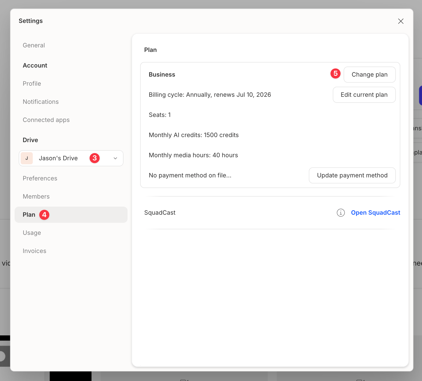 Change plan option in Descript App Settings