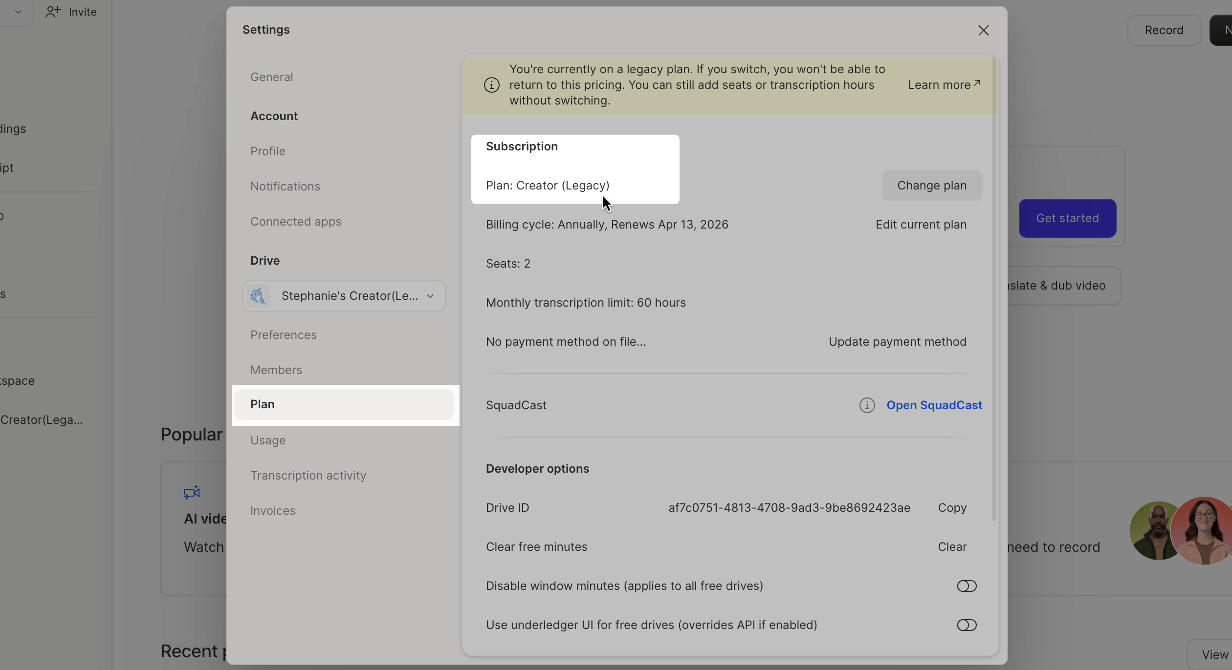 App Settings panel in Descript, viewing Plan settings