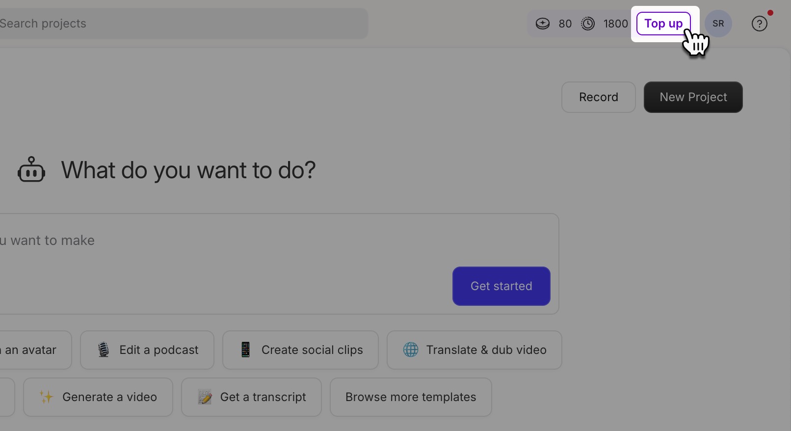 Top ups button in the top right corner of the Descript window