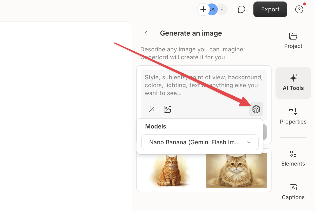 Descript's in-tool model picker