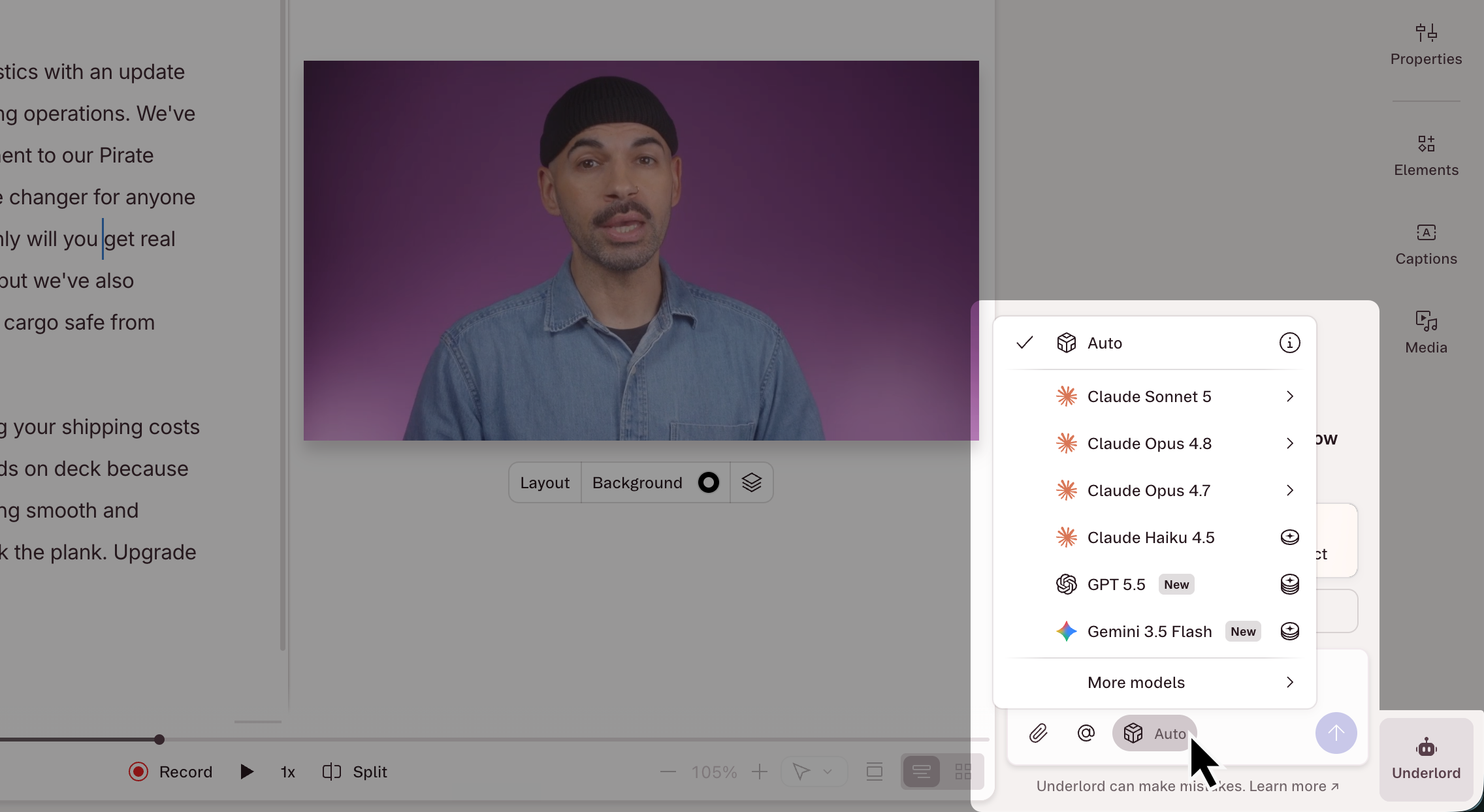 Model picker interface in Descript showing available AI model options