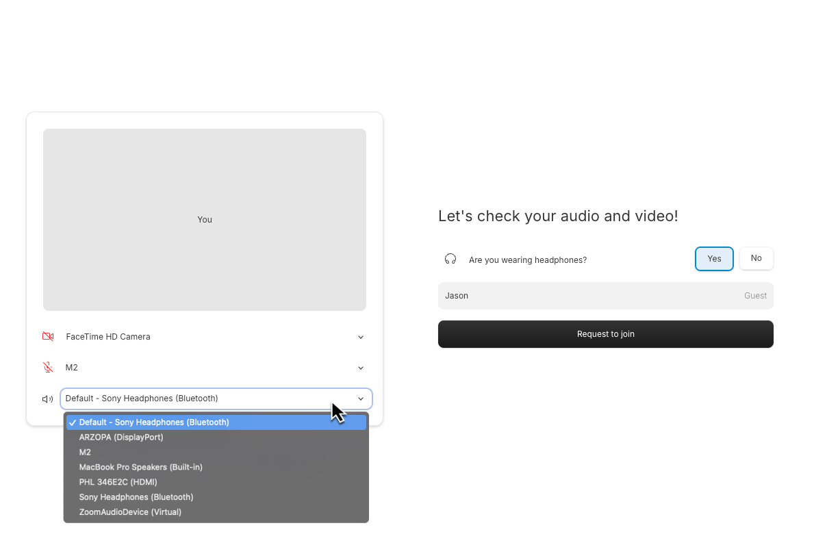 Guest setup screen in Descript Rooms before joining a session