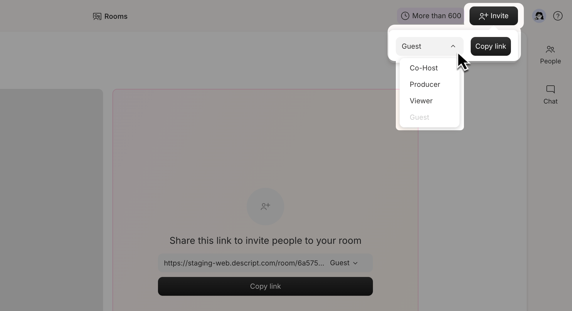 Invite participants using role-based Room links in Descript