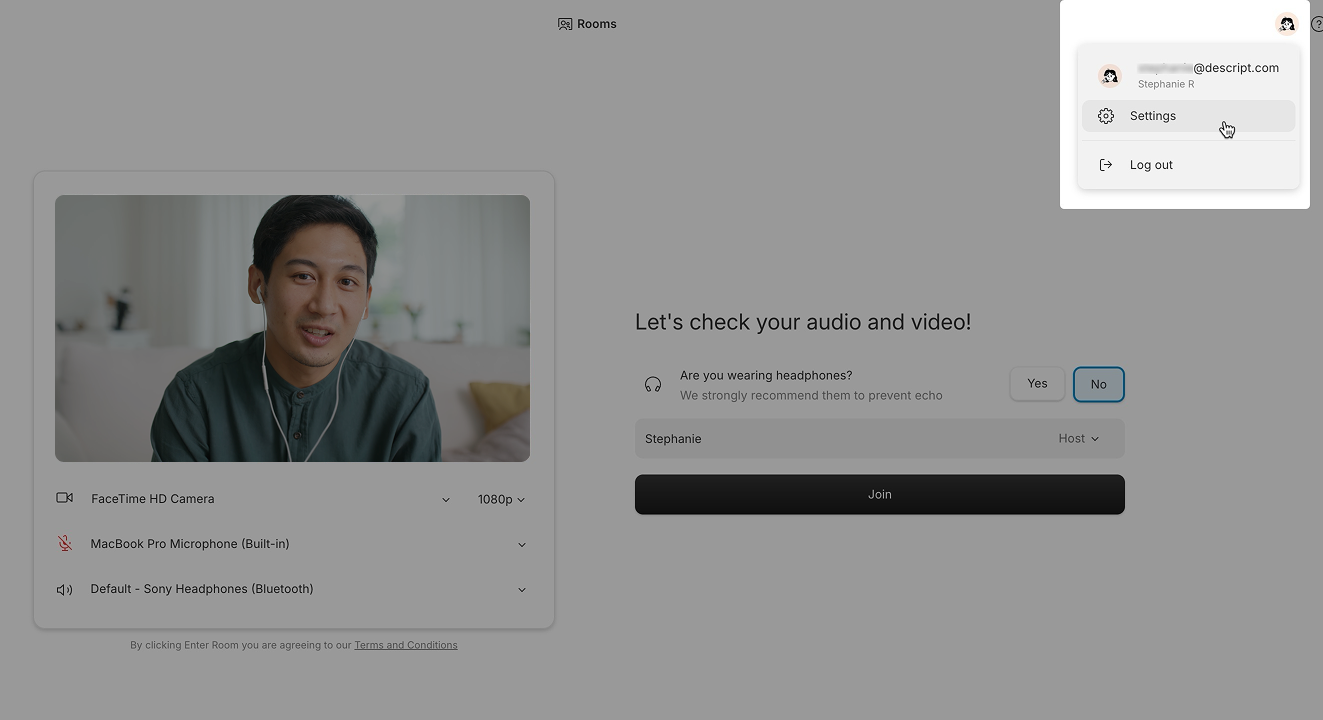 Accessing the Room settings menu in Descript