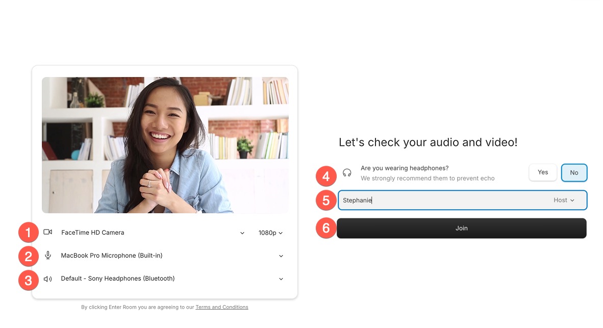 Pre-join screen in Descript Rooms showing camera and microphone setup options