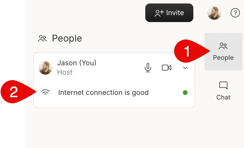 People panel in Descript Rooms showing network health indicators