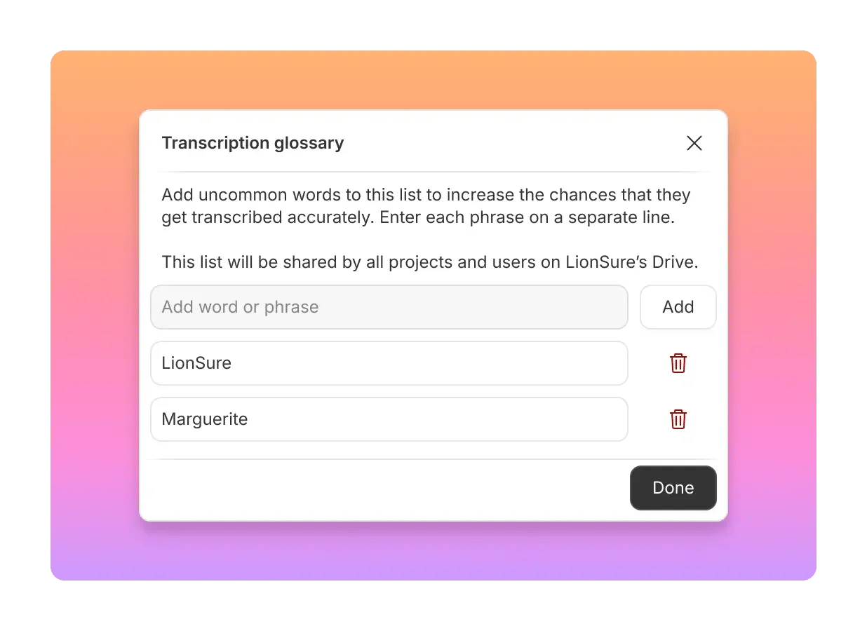 Transcription Glossary modal in Descript showing branded terms and spellings