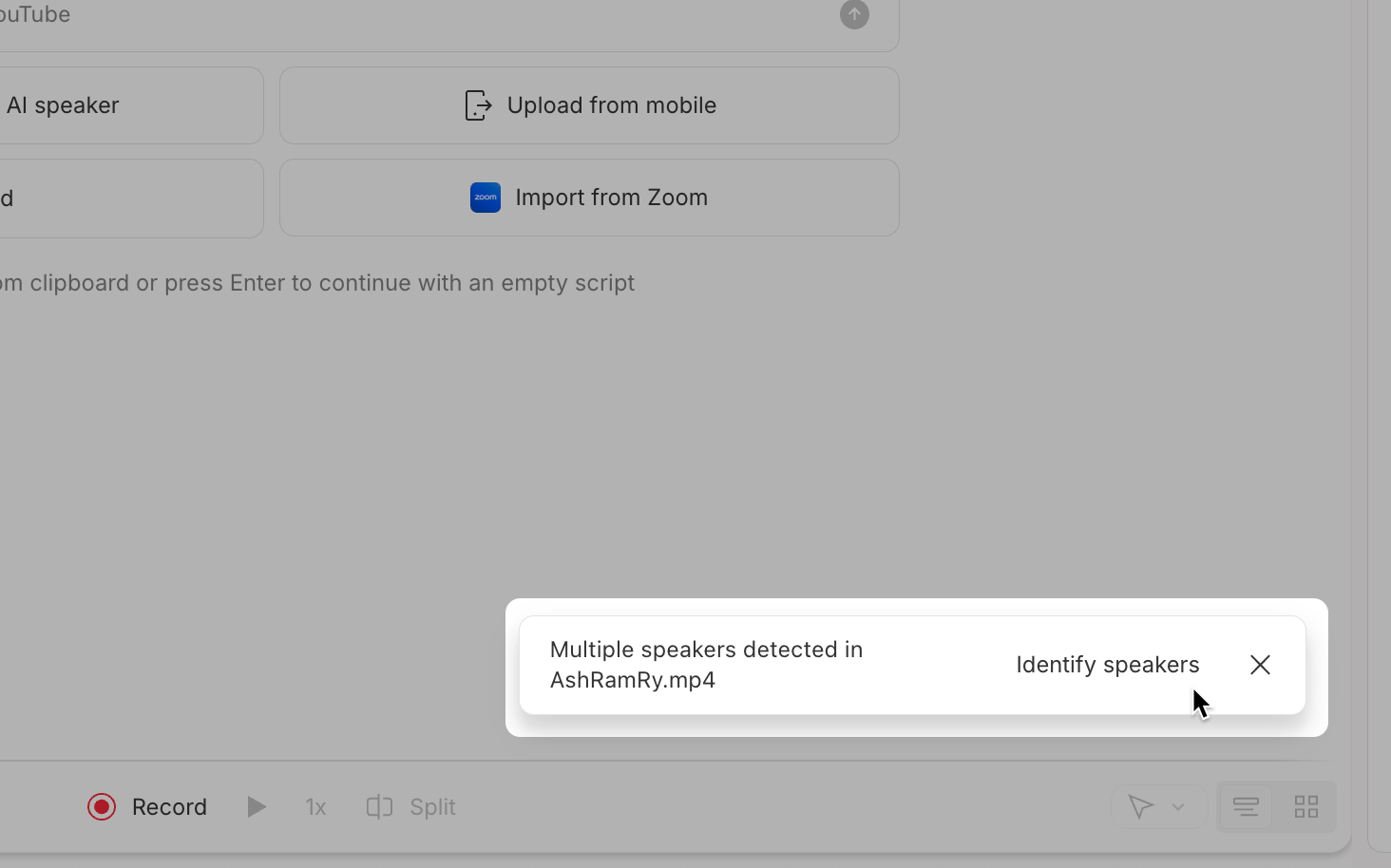 Identify speakers prompt in Descript displayed after automatic speaker detection completes