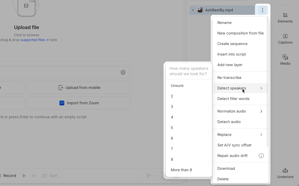 Project file actions menu to manually initiate speaker detection