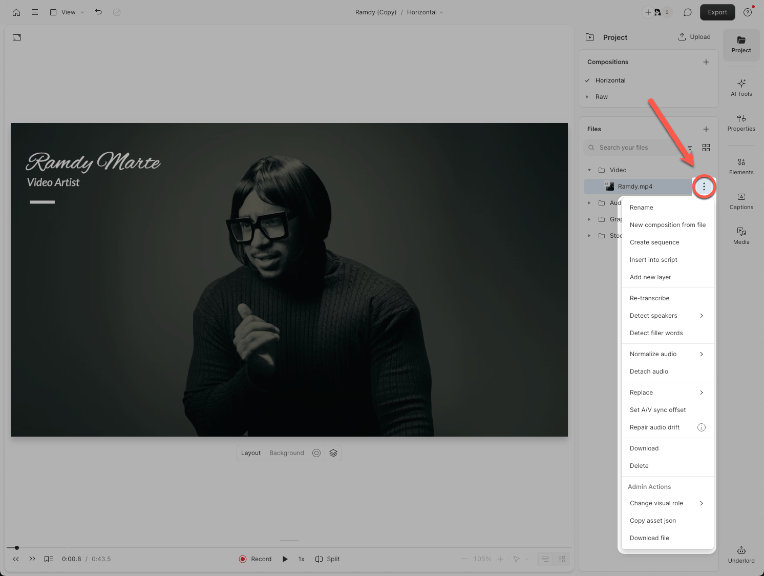 Project file actions menu in Descript