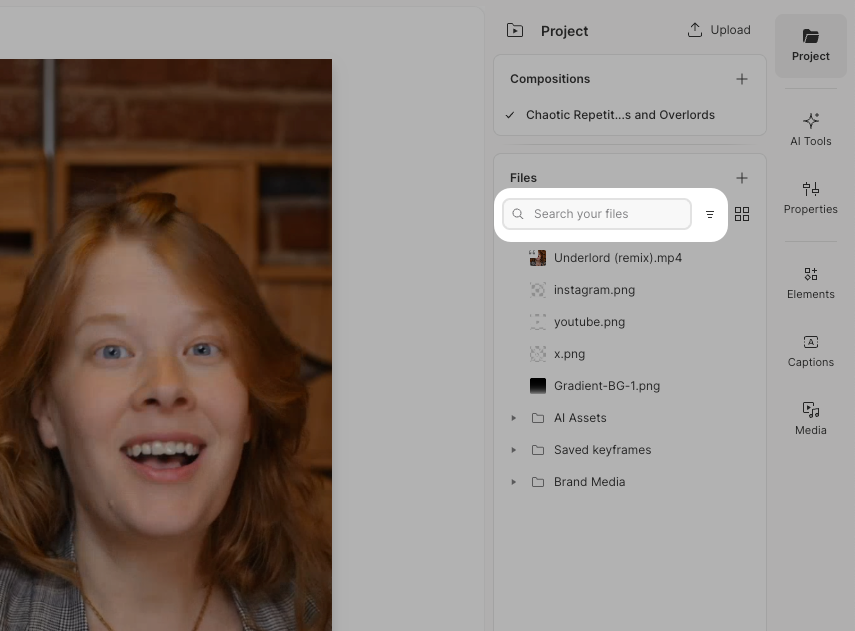 Project file search bar in Descript