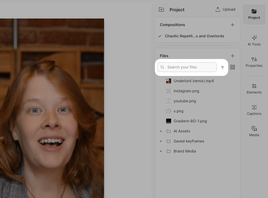 Project file search bar in Descript