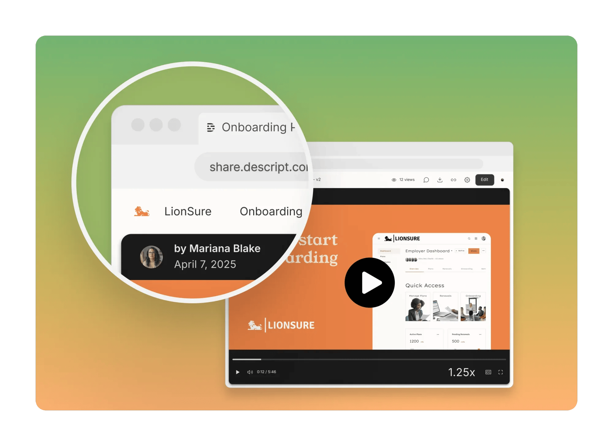 Custom branding example on a Descript share page