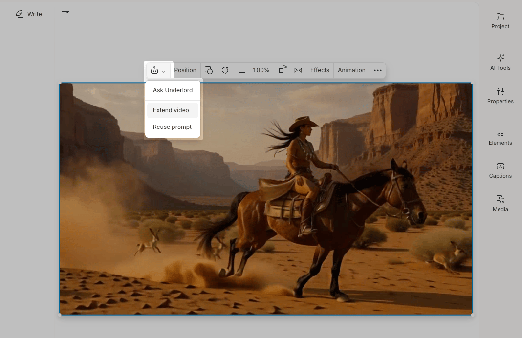 The hover toolbar in Descript with the Extend video option selected