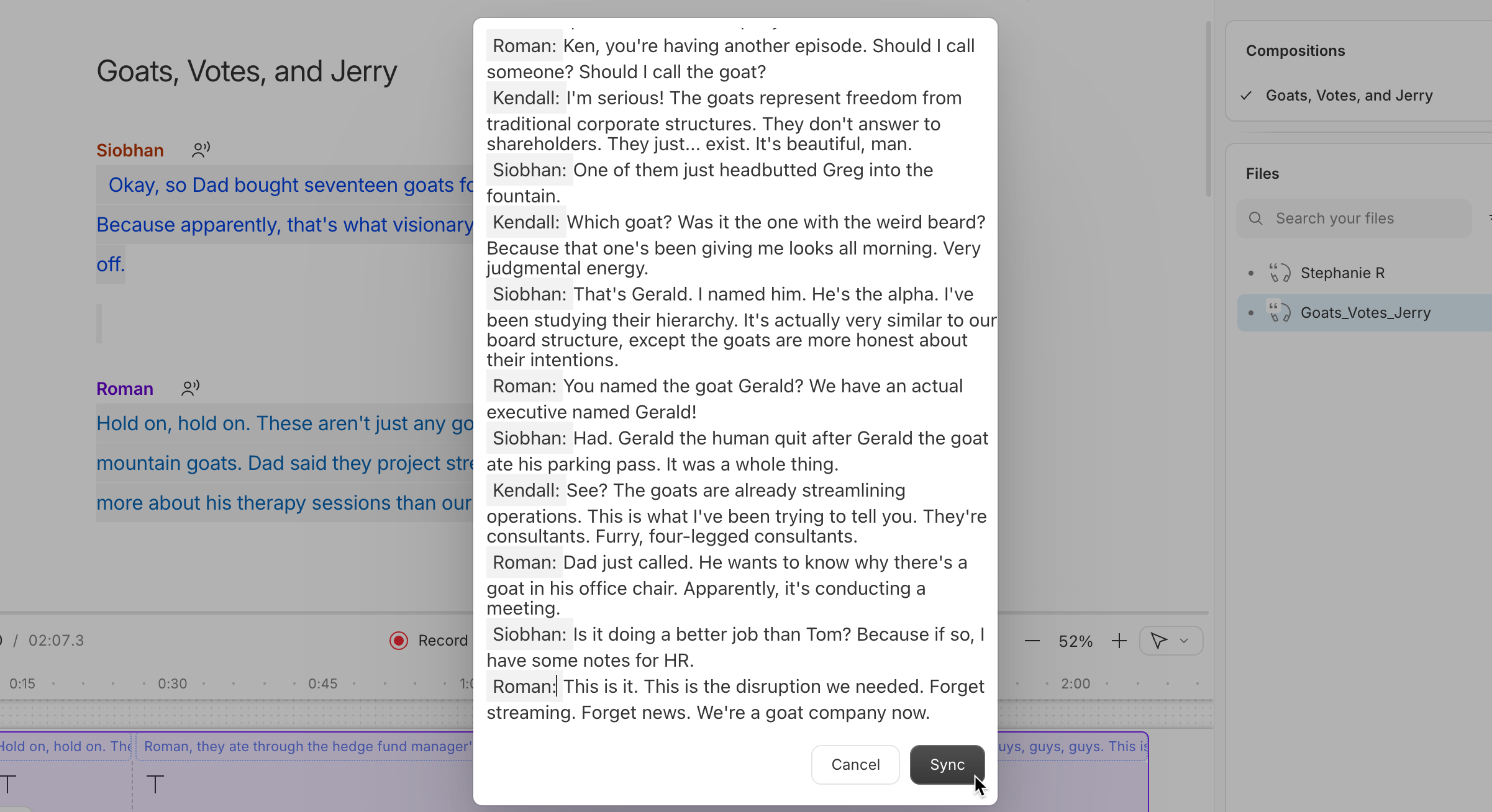 Sync the imported transcript in Descript after pasting your own text