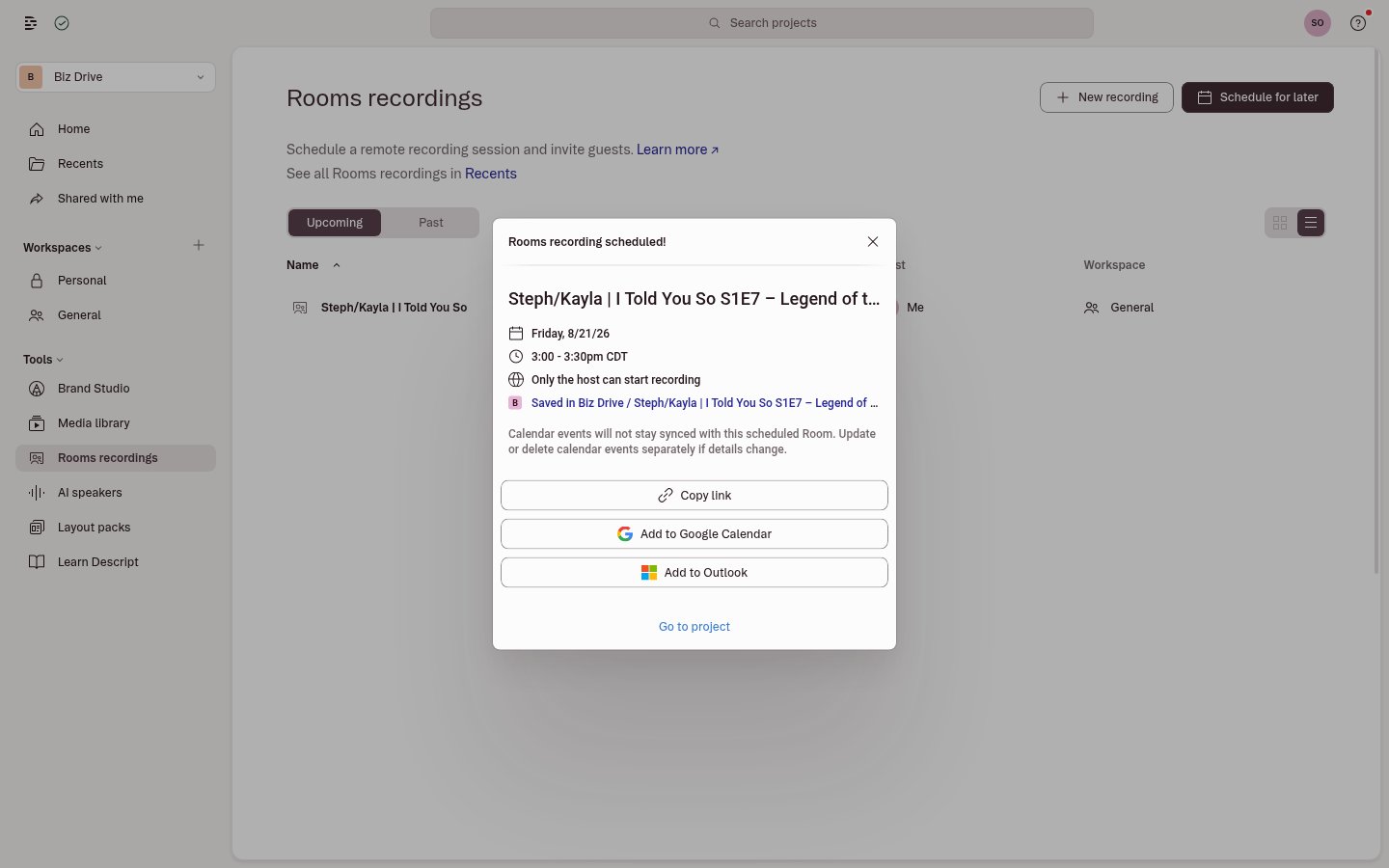 Scheduled Rooms event details with invite link