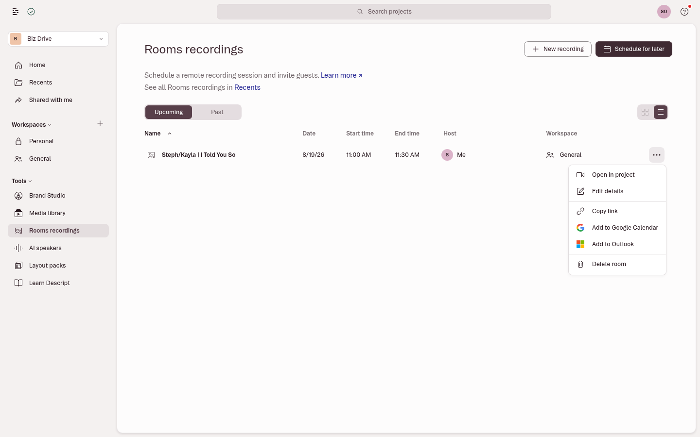 Actions menu on a scheduled Rooms session