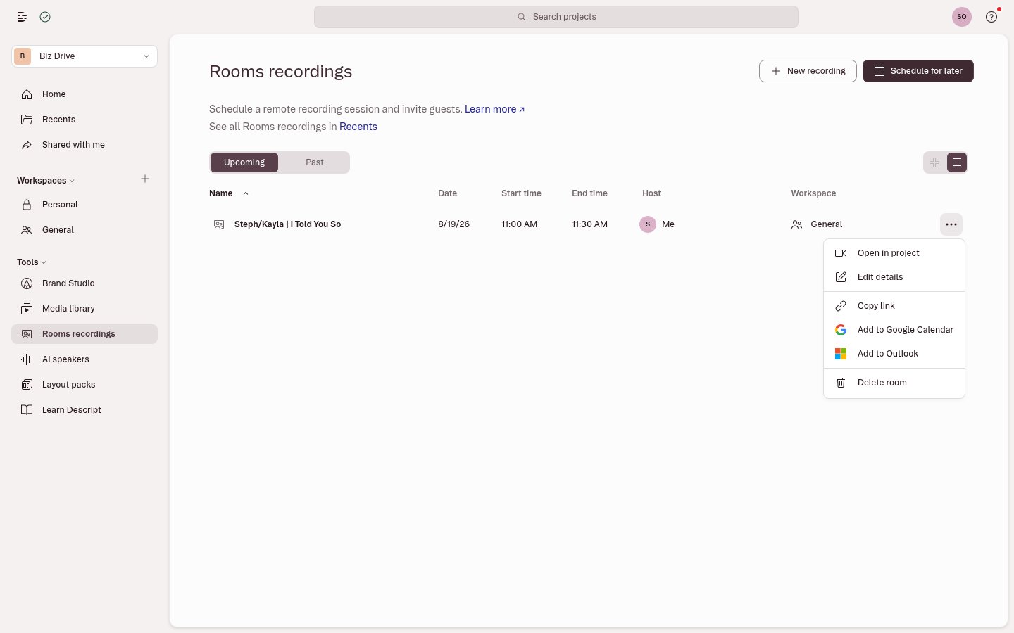 Actions menu on a scheduled Rooms session