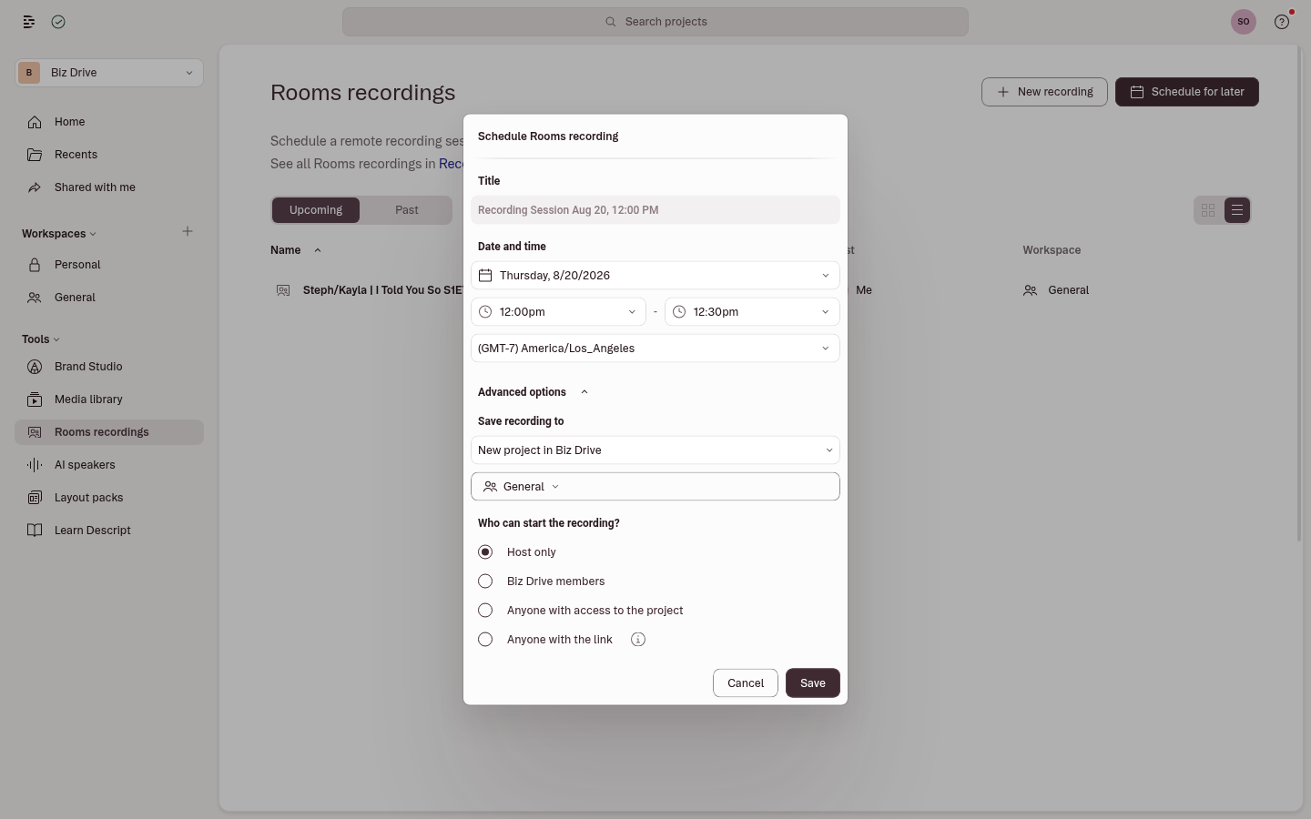 Scheduling window for a Rooms session