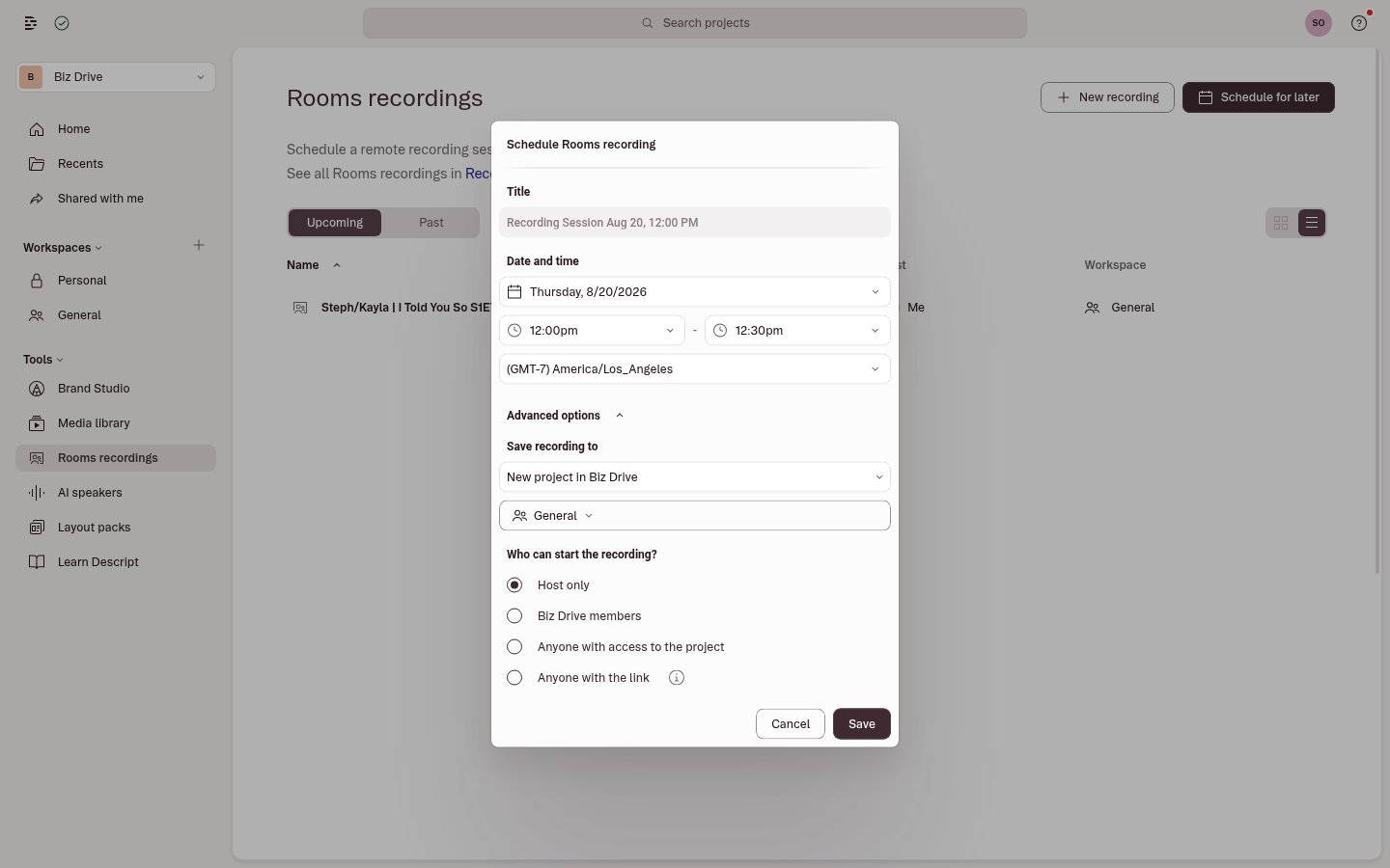 Scheduling window for a Rooms session