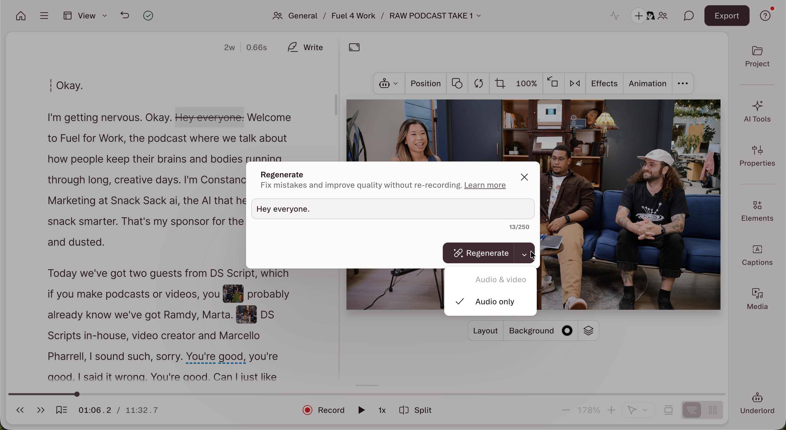 Regenerate dropdown showing Audio & video and Audio only options