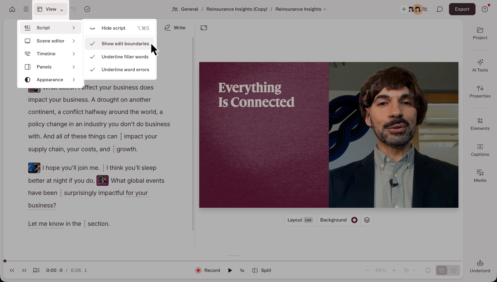 The View menu, expanded to show the Script options, with Show edit boundaries selected