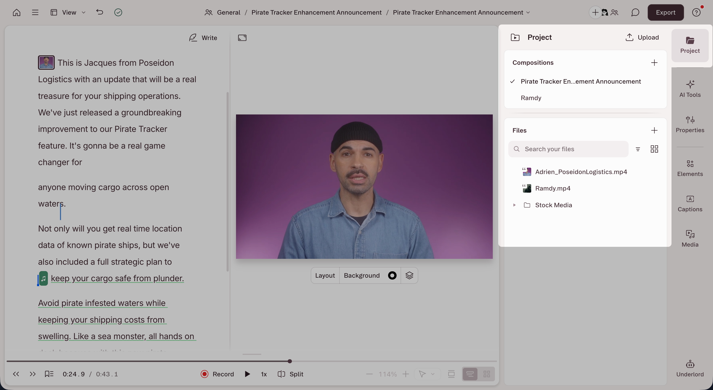 Project panel in Descript showing compositions and files